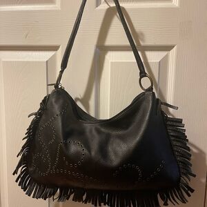 Vintage Berge Black Leather Hobo Shoulder bag brass Grommet & Fringe  accents.